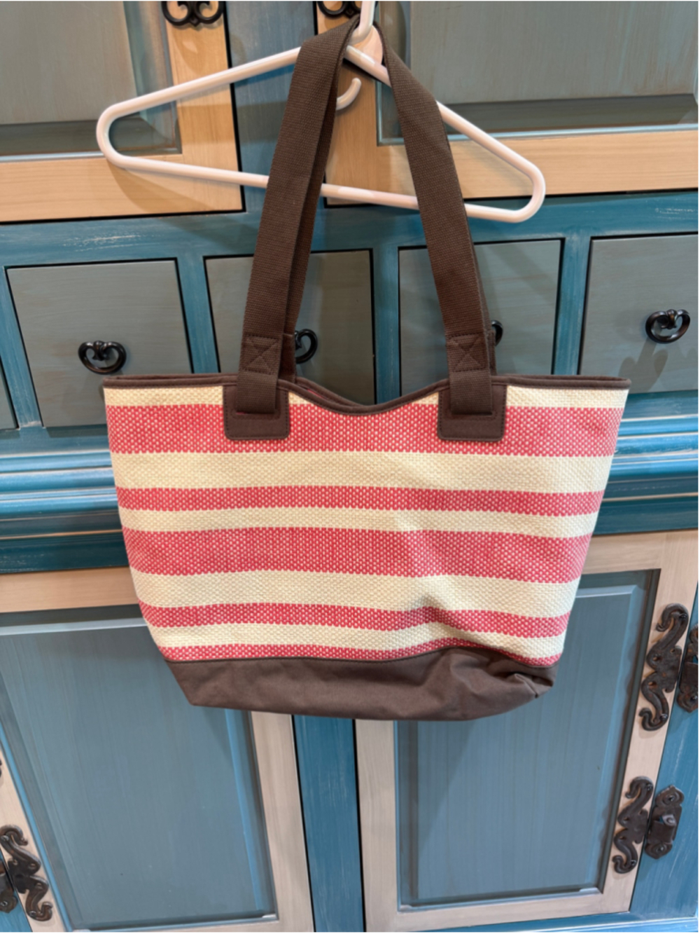 Women's Unbranded Red Beige Striped Canvas Tote Bag One Size